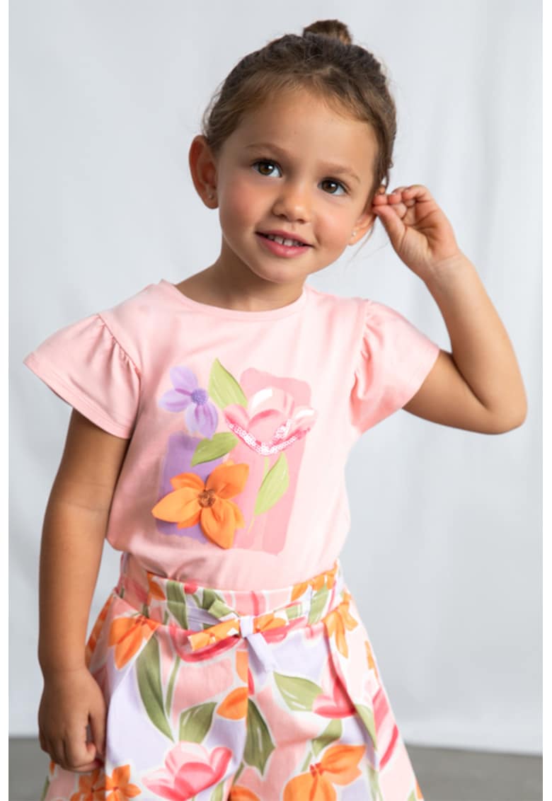 Tricou din amsetec de bumbac cu maneci fluture - Roz pastel