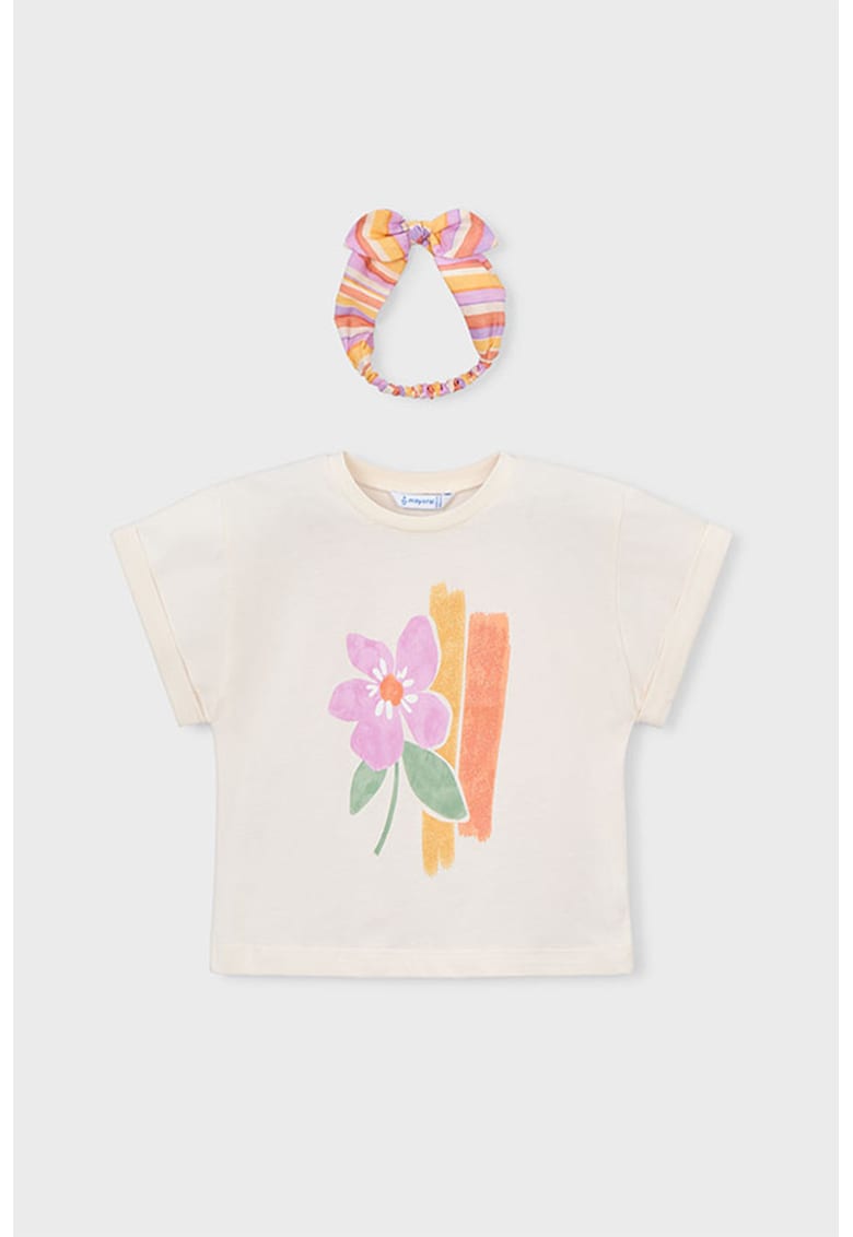 Set de tricou cu model floral si bentita cu funda - 2 piese - Roz/Crem