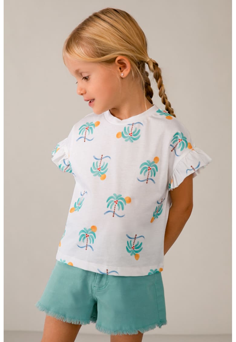 Tricou cu model si maneci cu volane - Alb/Verde menta
