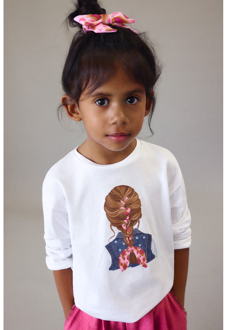 Bluza cu imprimeu si elastic de par - Alb/Roz