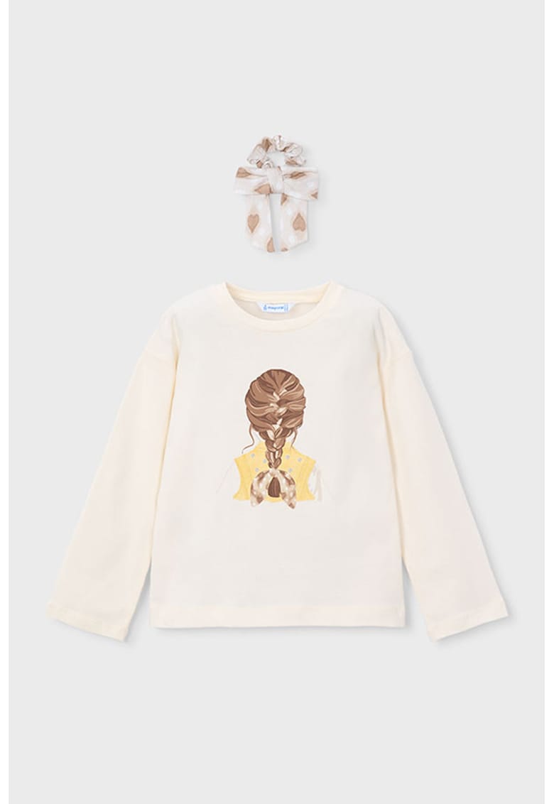 Bluza cu imprimeu si elastic de par - Alb fildes/Maro deschis