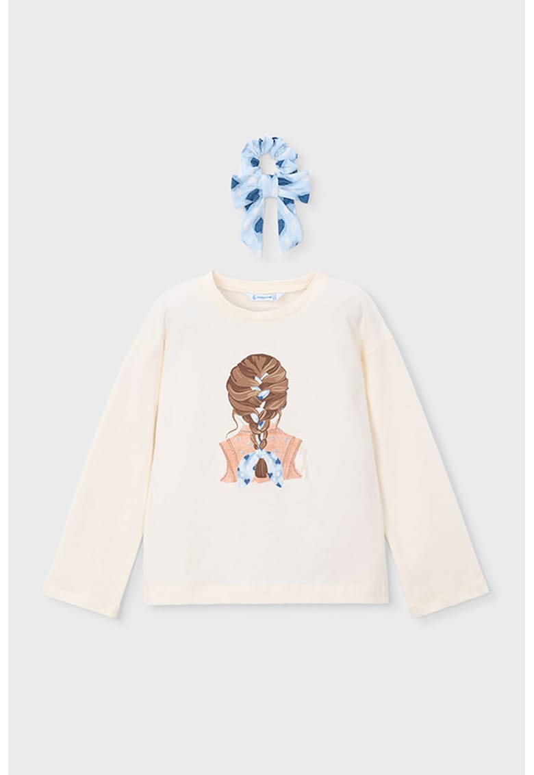 Bluza cu imprimeu si elastic de par - Alb fildes/Albastru