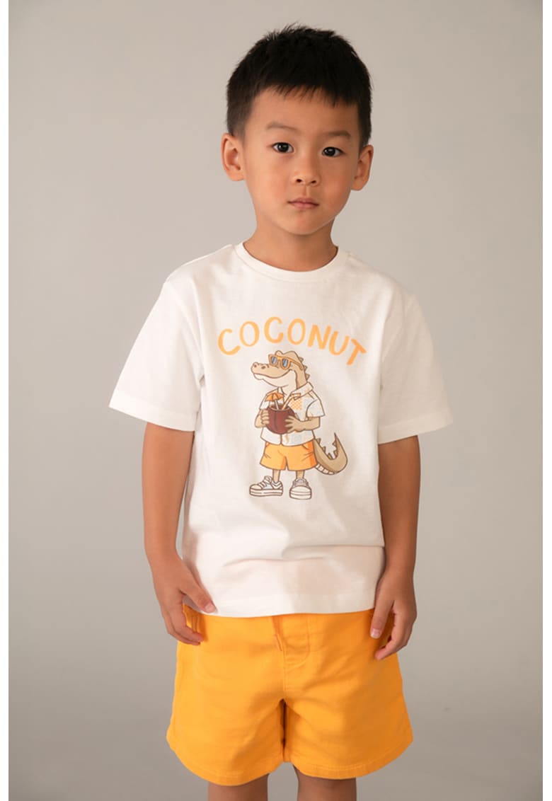 Tricou de bumbac cu model grafic - Portocaliu pal/Alb murdar