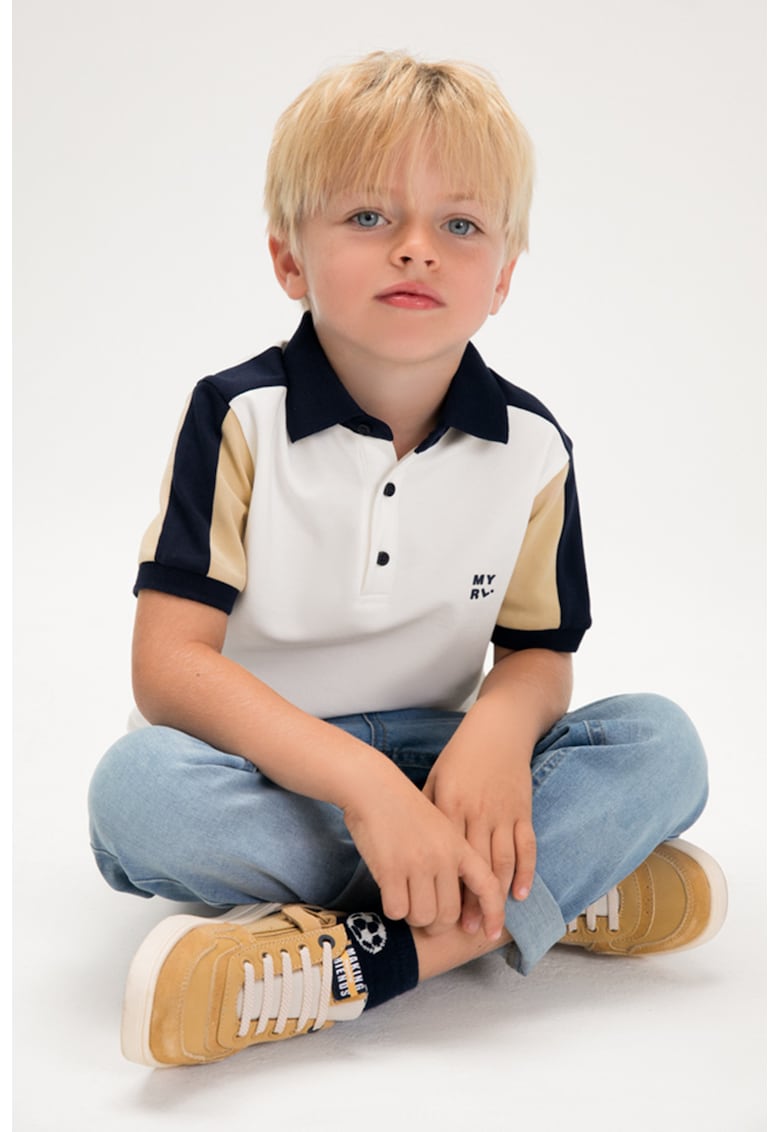 Tricou polo cu model colorblock - Alb fildes/Bleumarin