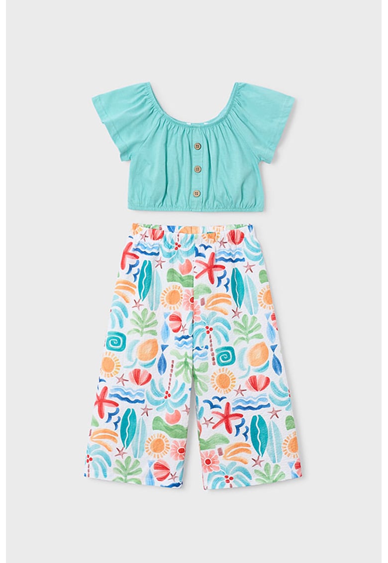 Set de tricou crop si pantaloni cu model - 2 piese - Rosu/Alb/Verde menta