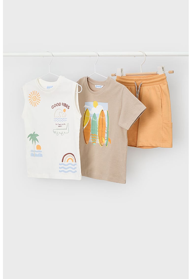 Set de tricou de bumbac si pantaloni scurti- 2 piese - Alb/Bej/Portocaliu pal