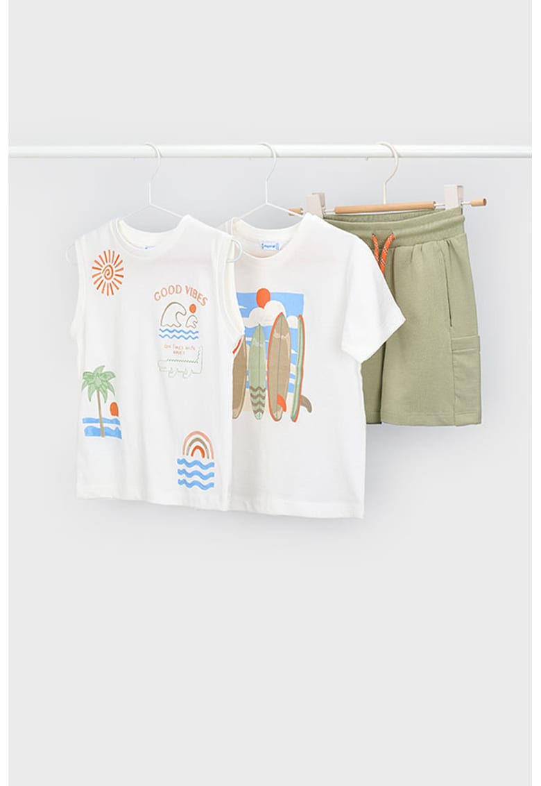 Set de tricou de bumbac si pantaloni scurti- 2 piese - Alb/Verde feriga