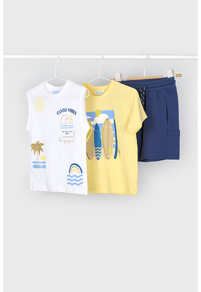Set de tricou de bumbac si pantaloni scurti- 2 piese - Alb/Galben/Bleumarin