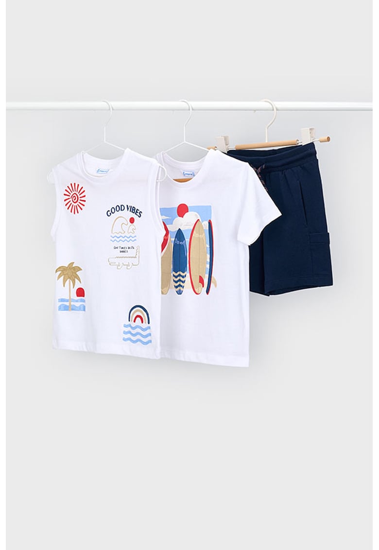 Set de tricou de bumbac si pantaloni scurti- 2 piese - Alb/Bleumarin