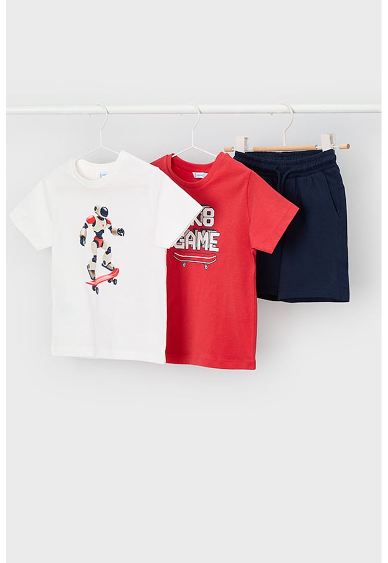 Set de tricou de bumbac si pantaloni scurti - 3 piese - Rosu/Alb/Bleumarin
