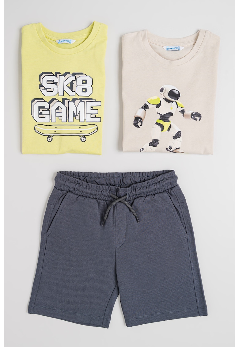 Set de pantaloni scurti si tricouri din bumbac - 3 piese - Verde/Maro nisip