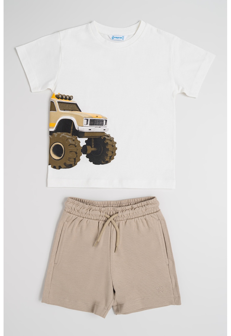 Set de tricou si pantaloni scurti din bumbac - Alb/Portocaliu/Kaki
