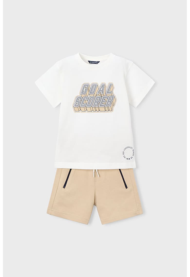 Set de tricou cu decolteu la baza gatului si pantaloni scurti- 2 piese - Alb/Bej