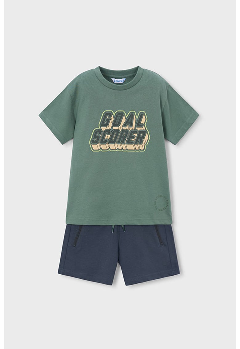 Set de tricou cu decolteu la baza gatului si pantaloni scurti- 2 piese - Verde feriga/Bleumarin