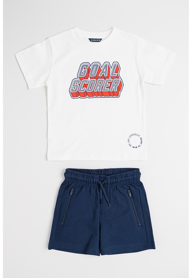 Set de tricou cu decolteu la baza gatului si pantaloni scurt - 2 piese - Alb/Bleumarin