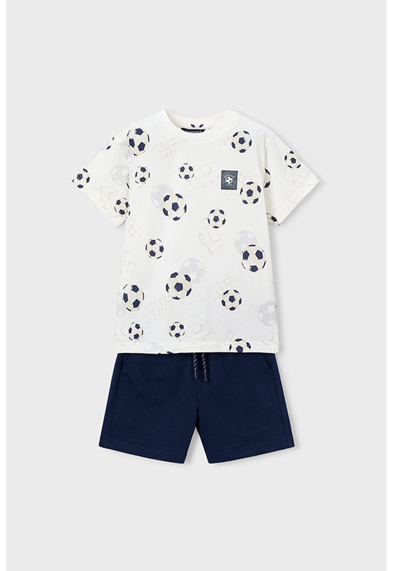 Set de tricou de bumbac si pantaloni scurti - Alb/Bleumarin