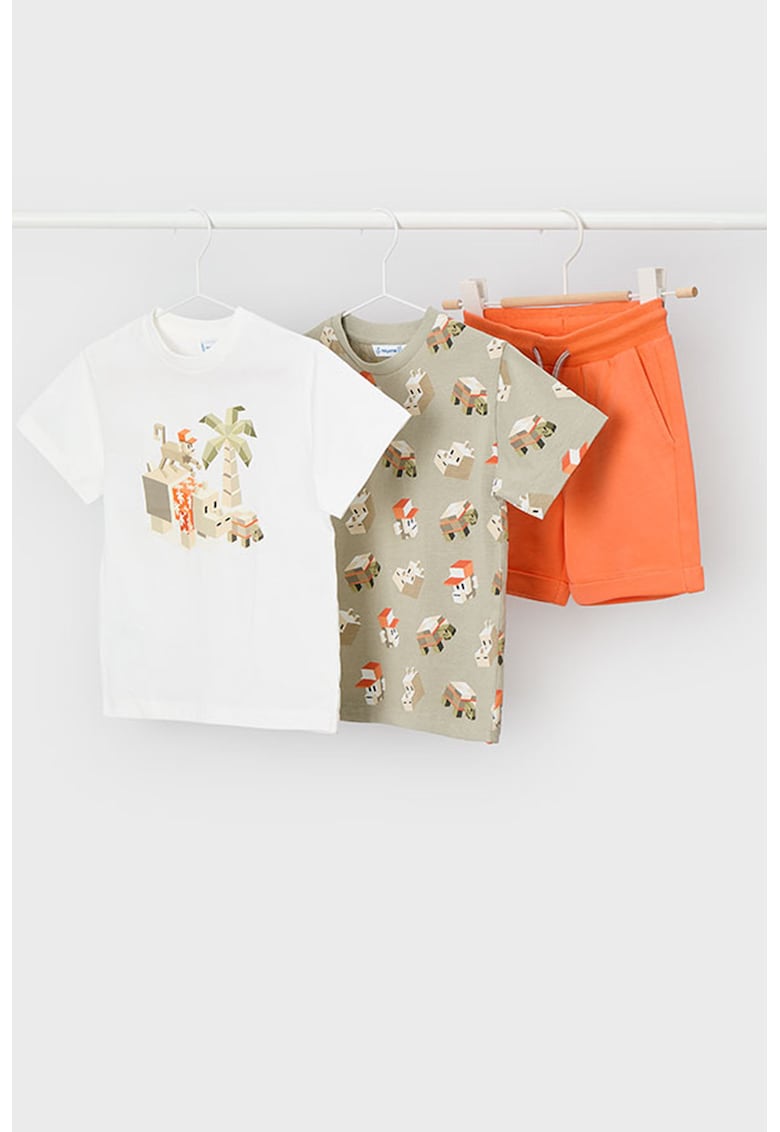 Set de tricou si pantaloni scurti de bumbac - 3 piese - Alb/Portocaliu/Kaki