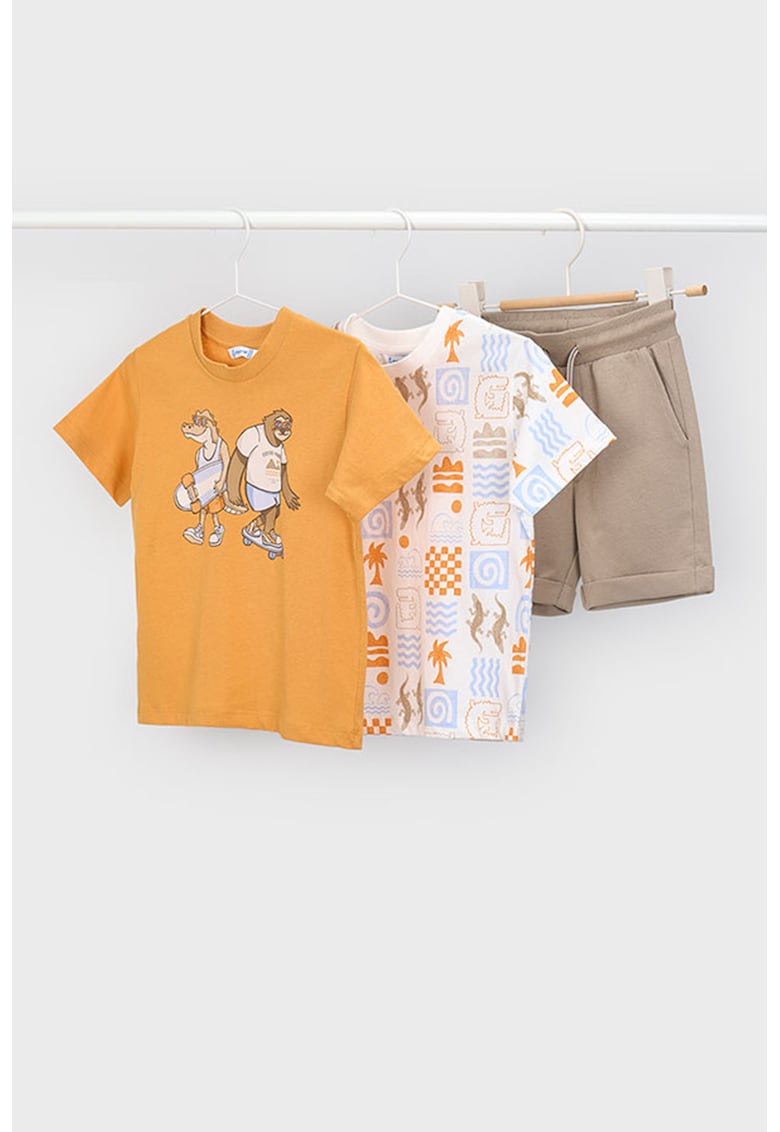 Set de tricou si pantaloni scurti de bumbac - 3 piese - Alb/Portocaliu stins/Maro camel