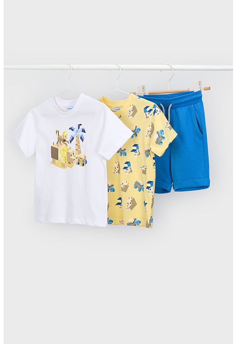 Set de tricou si pantaloni scurti de bumbac - 3 piese - Alb/Galben/Albastru royal