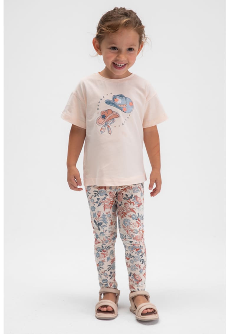 Set de tricou cu imprimeu grafic si floral si colanti - Piersica/Albastru