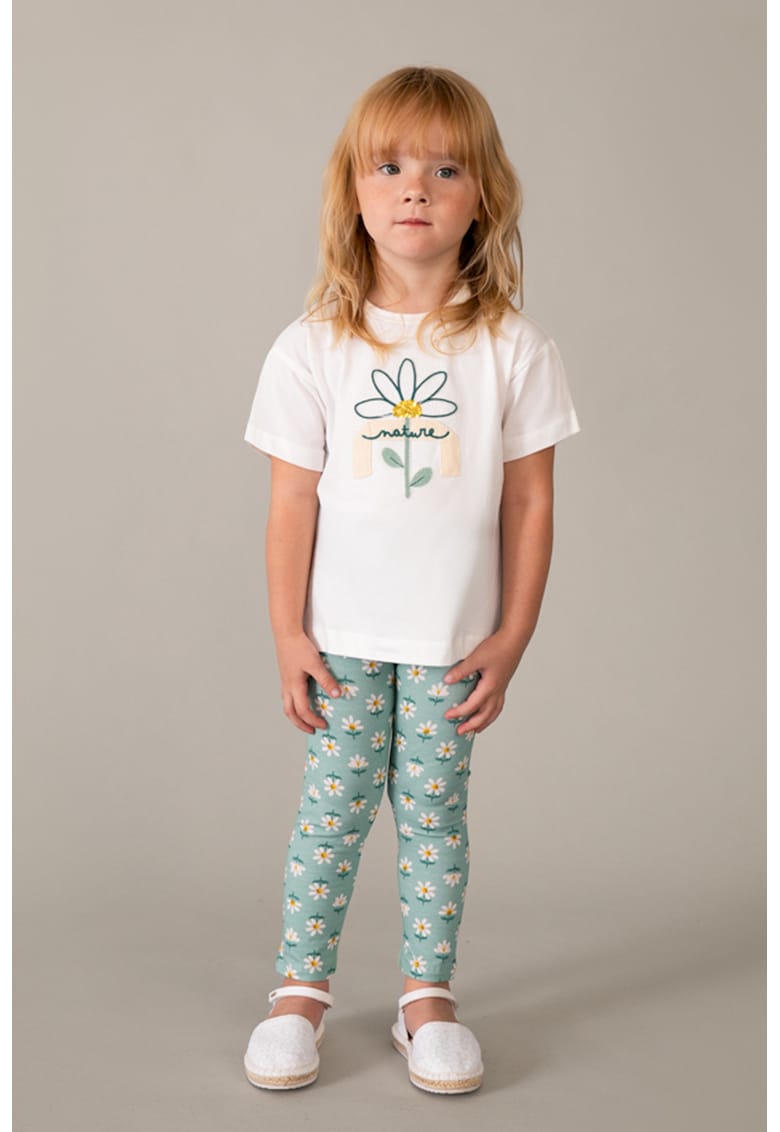 Set de tricou cu imprimeu grafic si floral si colanti - Alb/Verde