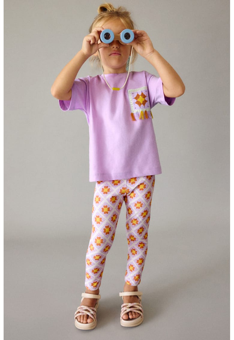 Set de tricou cu imprimeu grafic si floral si colanti - Portocaliu/Roz orhidee