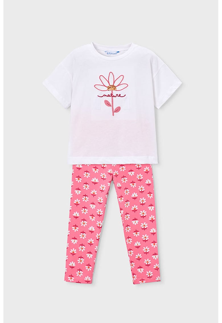 Set de tricou cu imprimeu grafic si floral si colanti - Alb/Roz
