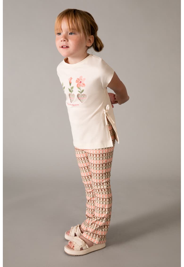 Set de tricou cu imprimeu si colanti evazati - Maro/Bej