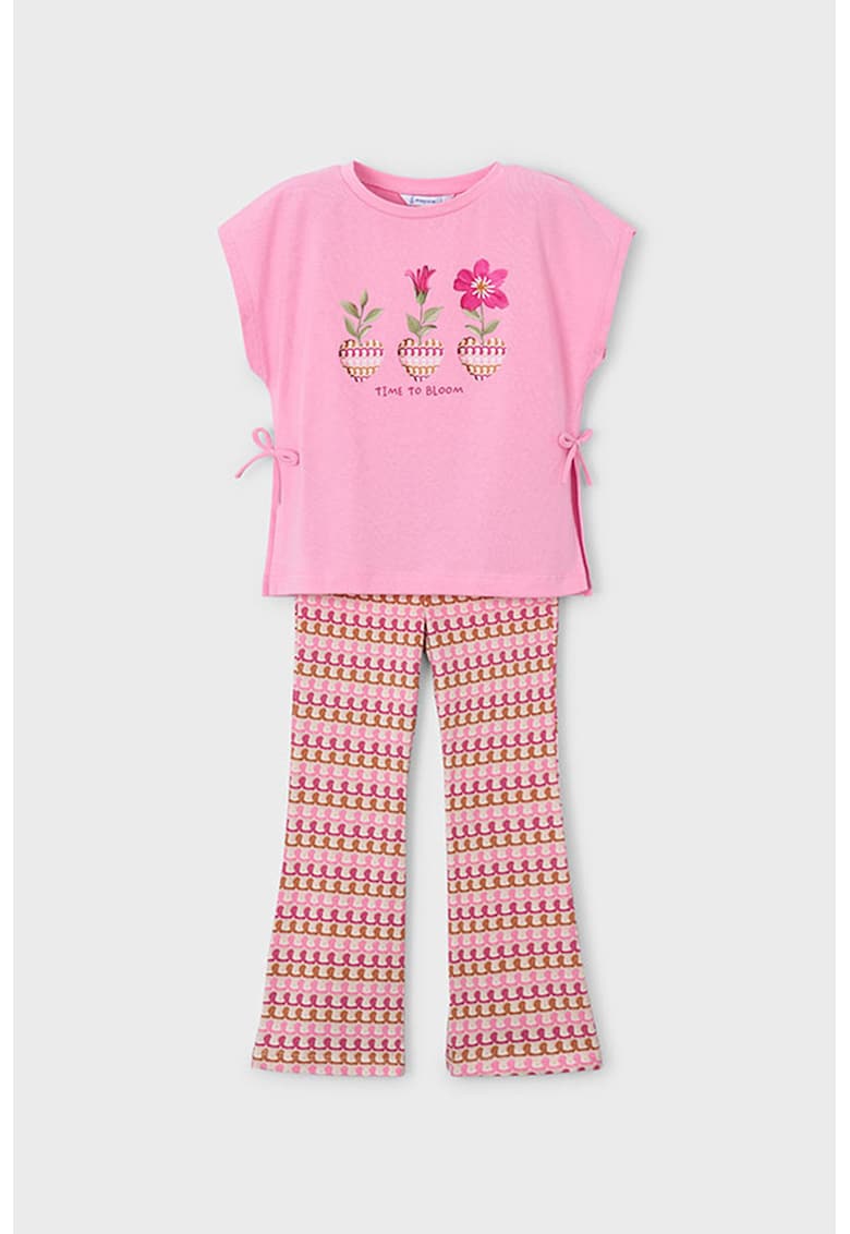 Set de tricou cu imprimeu si colanti evazati - Maro/Roz