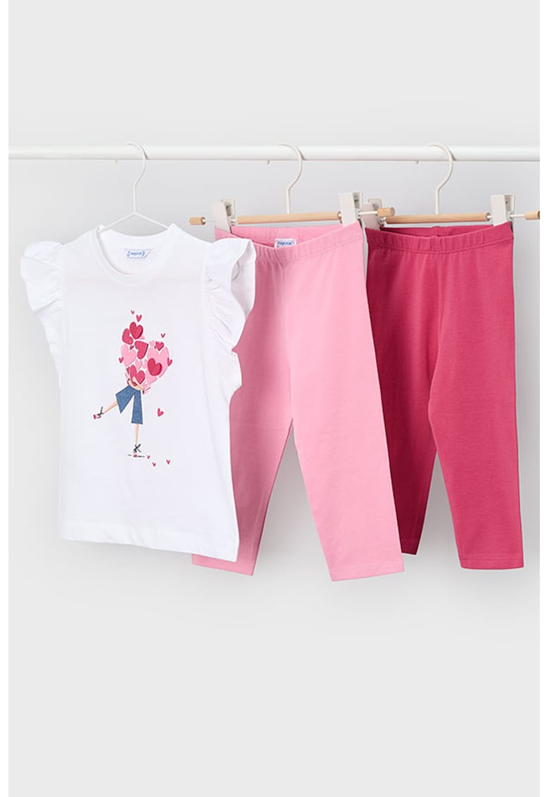 Set de tricou cu imprimeu si colanti trei sferturi - 3 piese - Alb optic/Roz