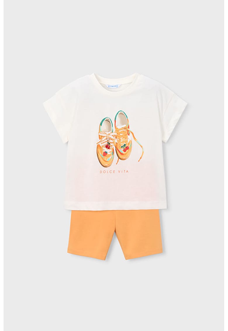 Set de tricou de bumbac si colanti scurti - Portocaliu pal/Alb murdar