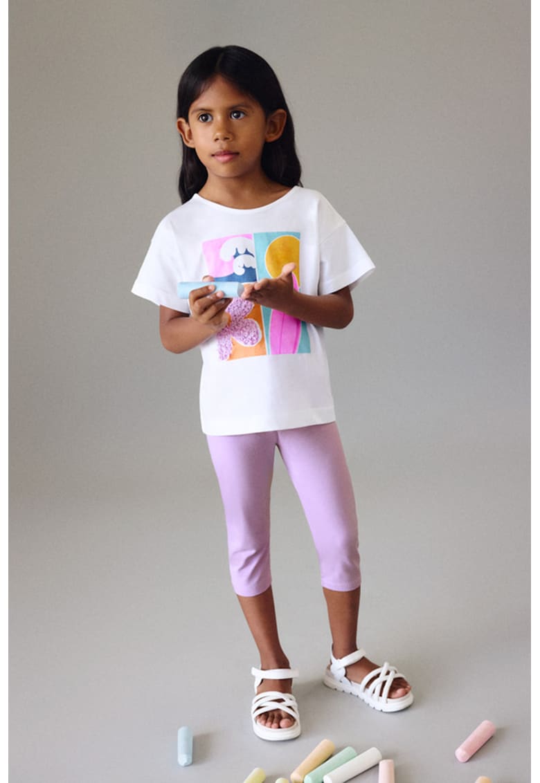 Set de tricou cu imprimeu si colanti - Alb/Lila