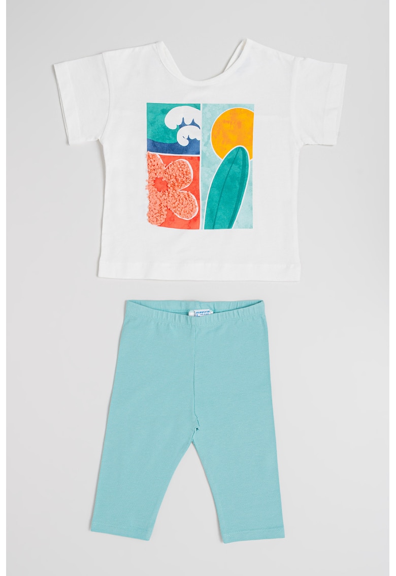 Set de tricou cu imprimeu si colanti - Alb/Verde/Coral