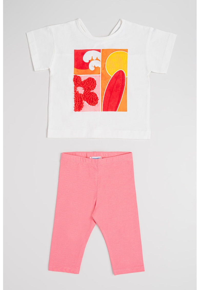 Set de tricou cu imprimeu si colanti - Alb/Portocaliu/Roz