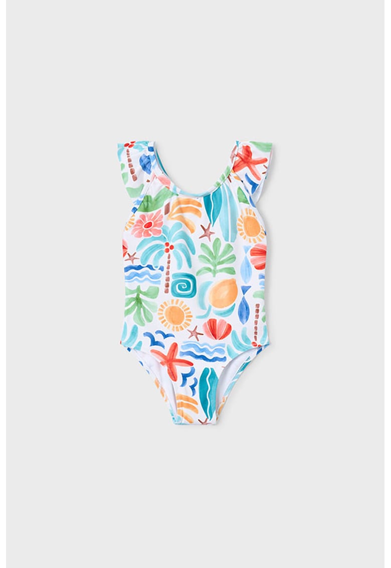 Costum de baie intreg cu model floral - Alb/Portocaliu/Albastru