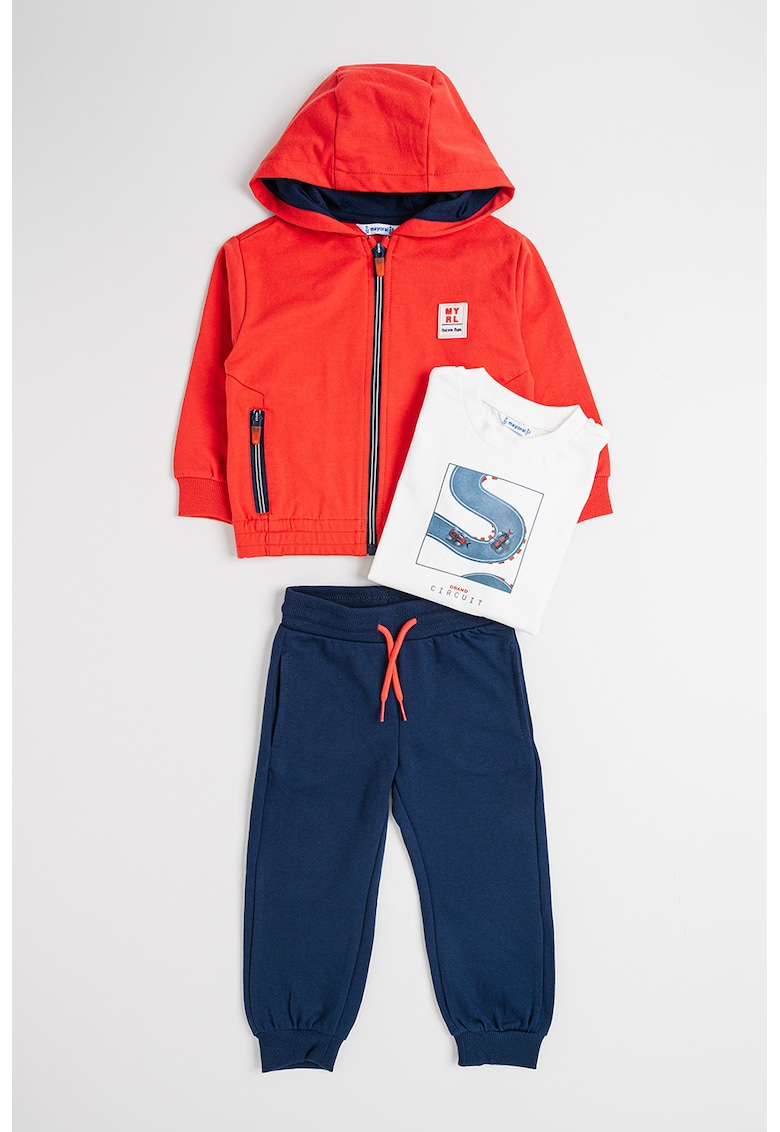 Set de tricou din amestec de bumbac - hanorac si pantaloni de trening - 3 piese - Rosu/Alb/Bleumarin