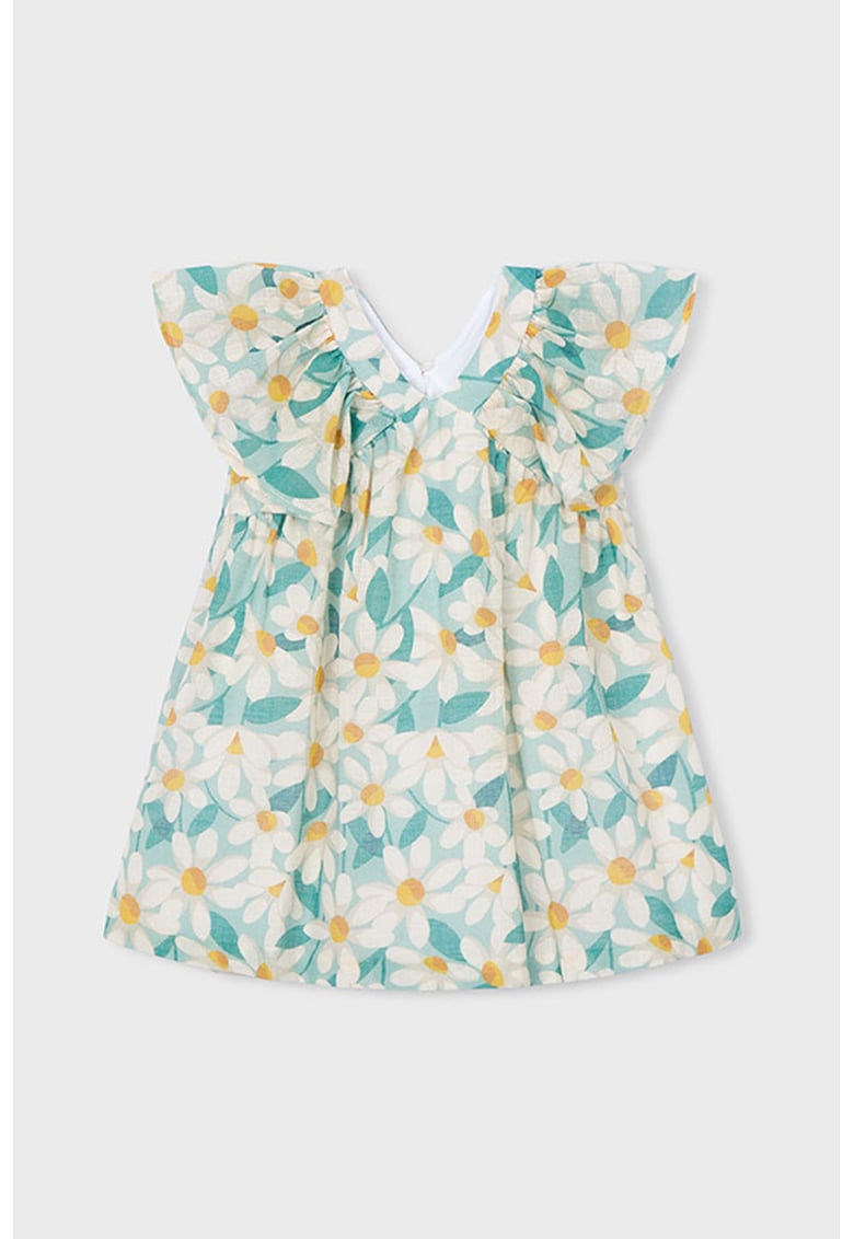 Rochie dreapta cu model floral si decolteu in V - Alb/Verde/Portocaliu pal