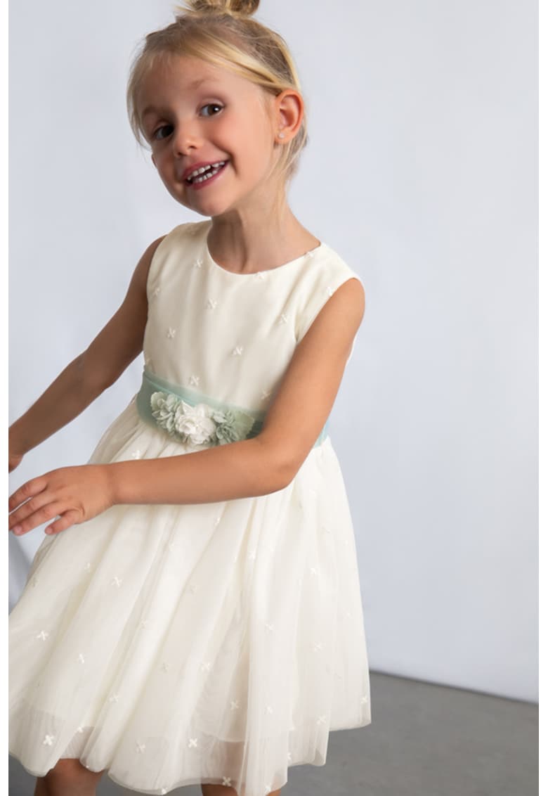 Rochie cu croiala in A - cordon -tul si model floral - Verde/Alb murdar