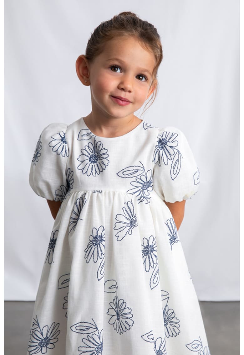 Rochie evazata cu imprimeu floral si maneci bufante - Alb/Bleumarin