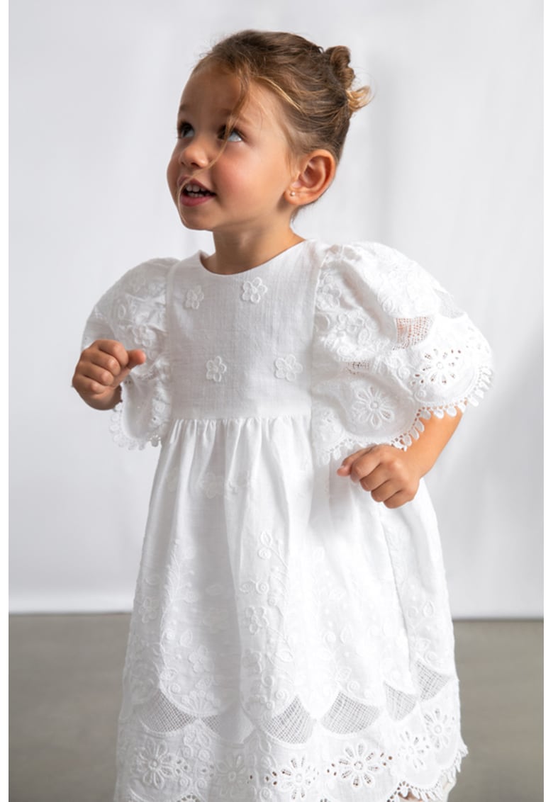 Rochie evazata cu broderie florala si decolteu in V pe spate - Alb optic