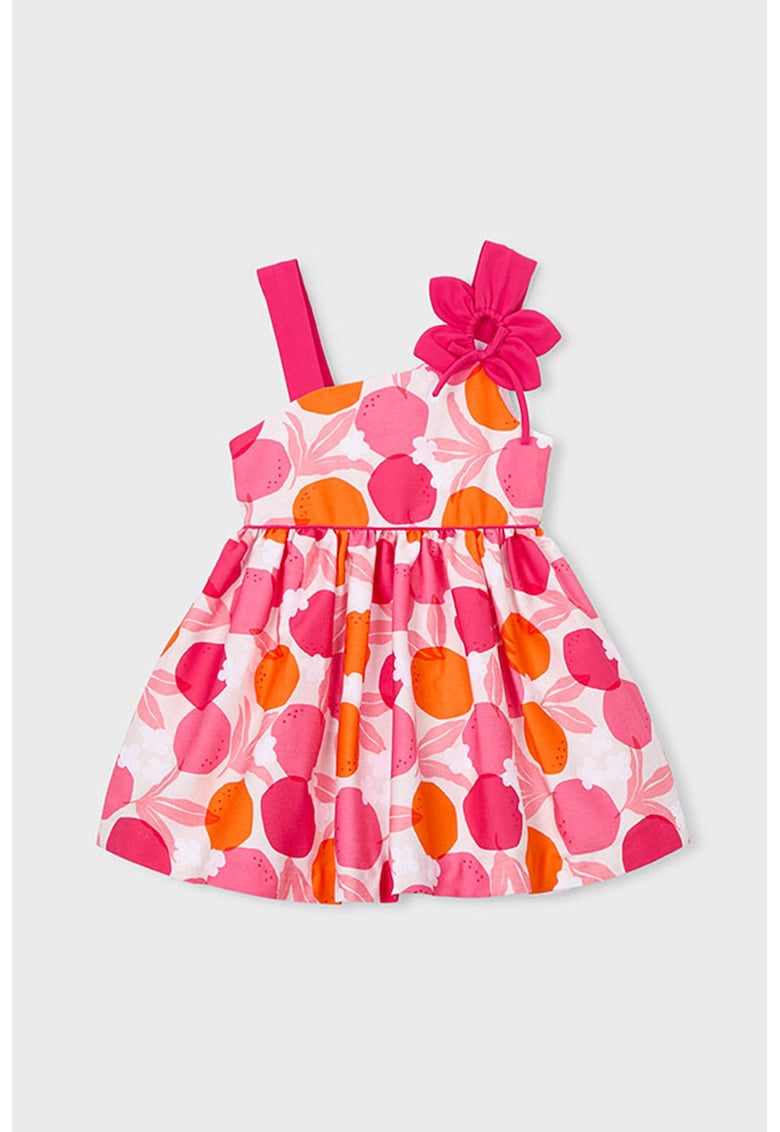 Rochie evazata din amestec de bumbac cu aplicatii florale - Alb/Portocaliu/Fucsia