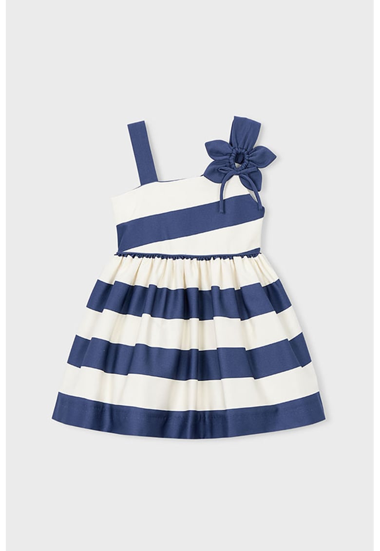Rochie evazata din amestec de bumbac cu aplicatii florale - Alb/Bleumarin
