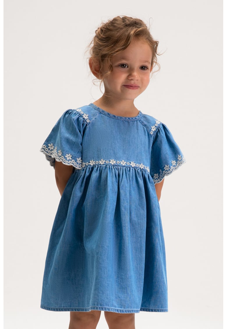 Rochie din amestec de lyocell cu croiala in A si broderii florale - Albastru