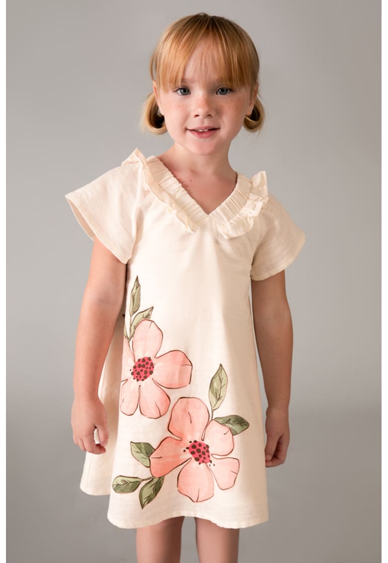 Rochie din amestec de in cu decolteu in V - Alb fildes/Roz