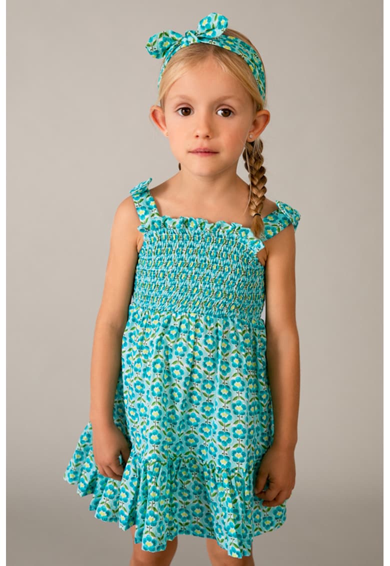 Rochie cu model floral si bentita - Verde/Galben