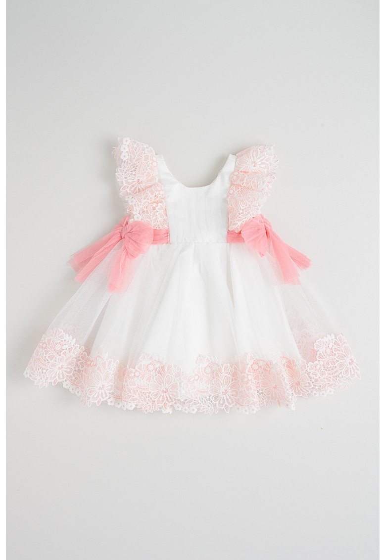 Rochie din tul cu detalii din dantela - Alb/Roz pastel