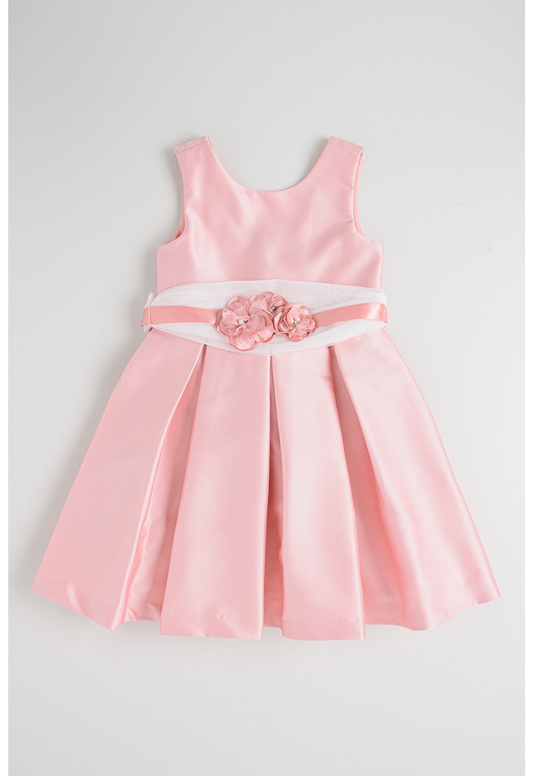 Rochie din satin cu croiala baby-doll si cordon in talie - Alb/Roz deschis