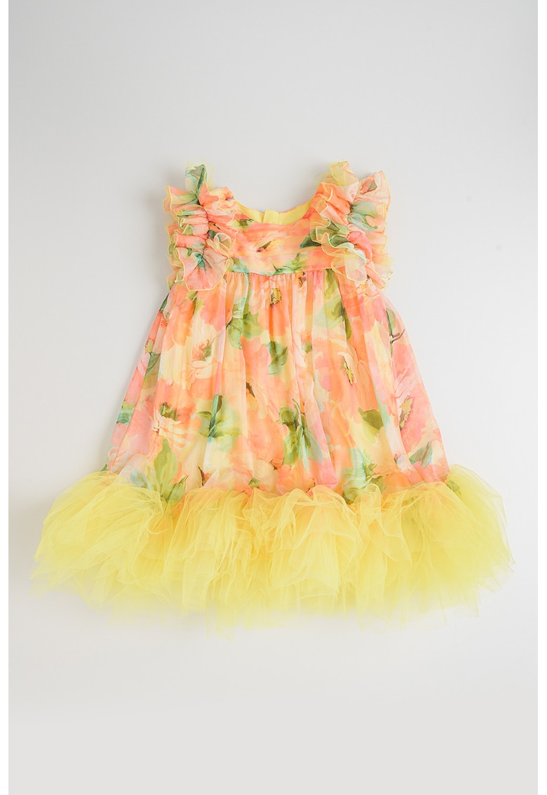 Rochie cu model floral si cordon in talie - Galben/Portocaliu pepene