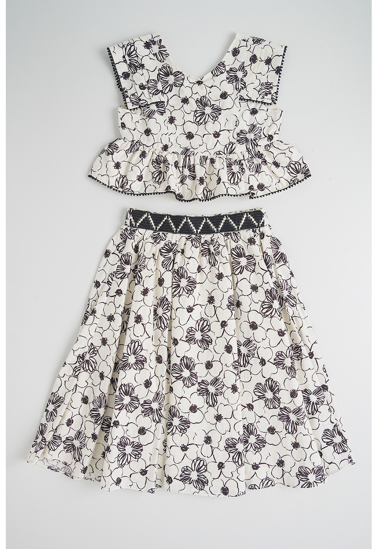 Set de top crop cu model floral si terminatie cu volane si fusta evazata - 2 piese - Alb fildes/Negru