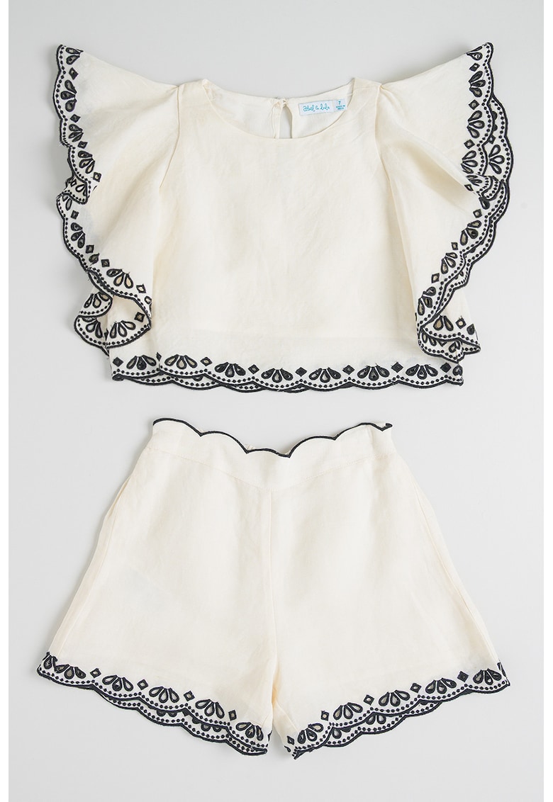 Set de tricou cu maneci cu volane si pantaloni scurti cu terminatii valurite - 2 piese - Alb fildes/Negru
